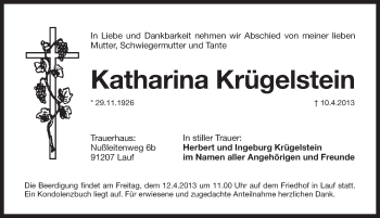 Traueranzeige von Katharina Krügelstein von Pegnitz-Zeitung